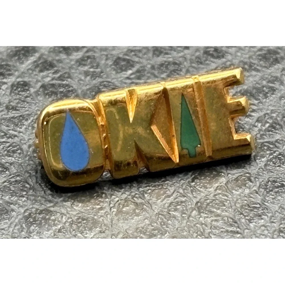 Vintage OKIE Oklahoma Souvenir Gold Filled Lapel Pin Enamel Water Tree